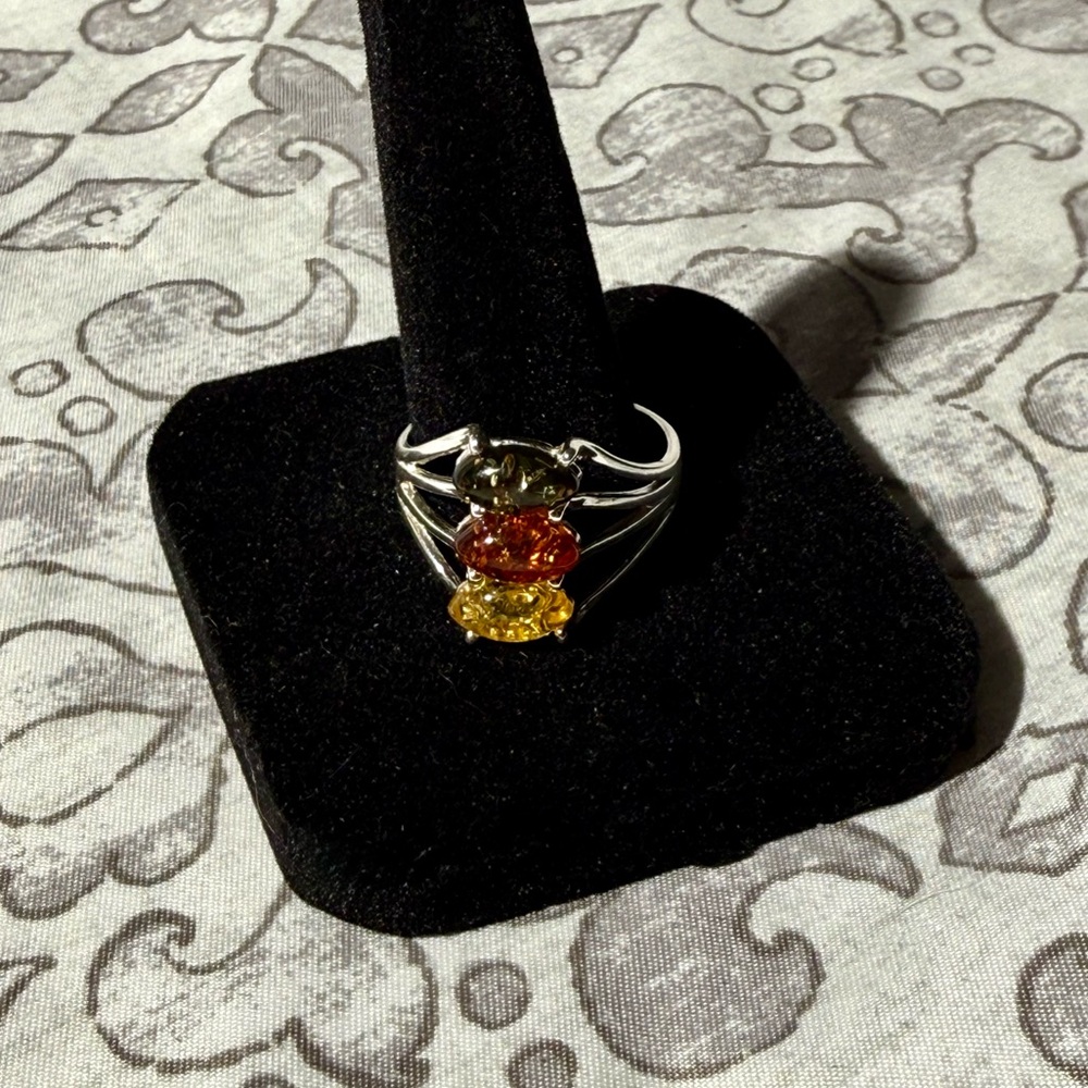 Baltic Amber Sterling Silver Ring - Green, Orange, Yellow - Size 9 - NWOT